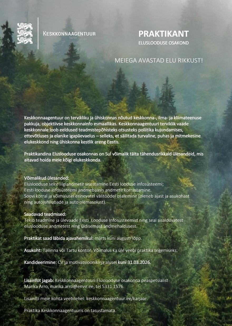 Keskkonnaagentuur PRAKTIKANT (Eluslooduse osakond, looduskaitsetiim)