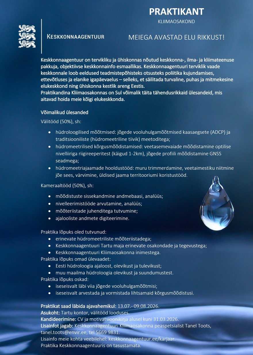 Keskkonnaagentuur PRAKTIKANT (Kliimaosakond, hüdroloogia)