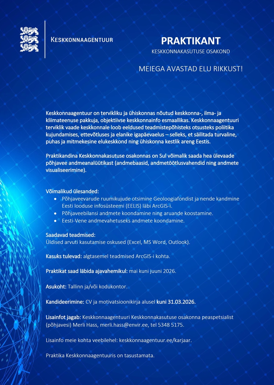 Keskkonnaagentuur PRAKTIKANT (Keskkonnakasutuse osakond)