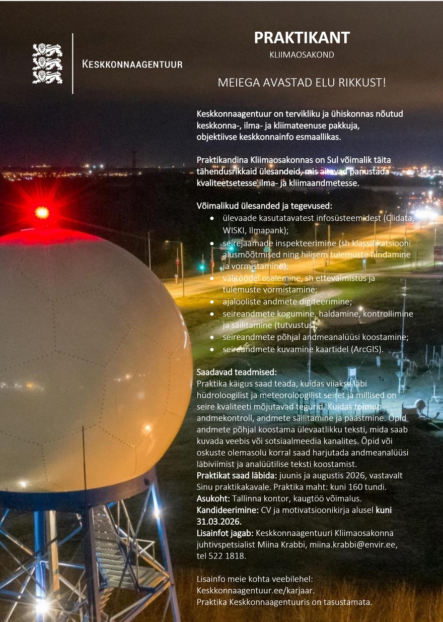Keskkonnaagentuur PRAKTIKANT (Kliimaosakond)