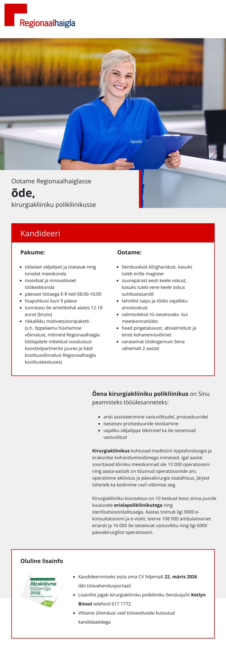 Põhja-Eesti Regionaalhaigla Õde kirurgiakliiniku polikliinikusse