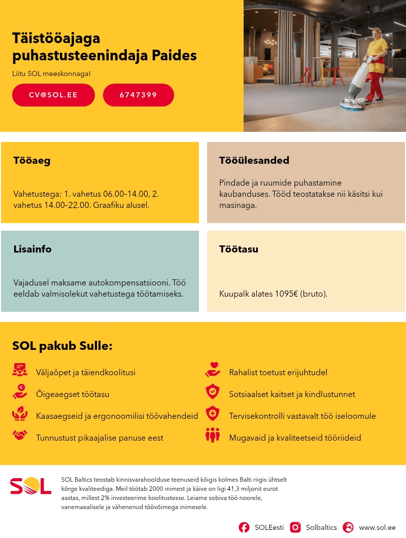 SOL Baltics OÜ Täistööajaga puhastusteenindaja Paides