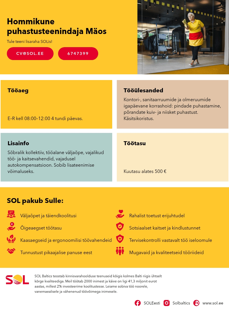 SOL Baltics OÜ Hommikune puhastusteenindaja Mäos