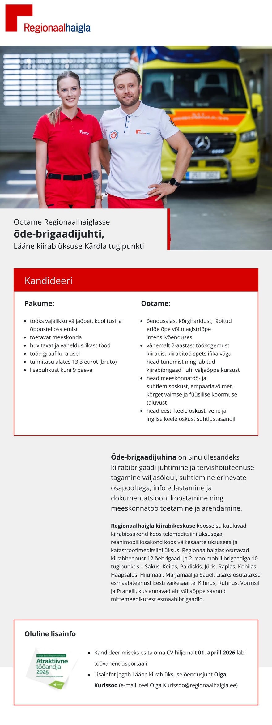 Põhja-Eesti Regionaalhaigla Õde-brigaadijuht Lääne kiirabiüksusesse