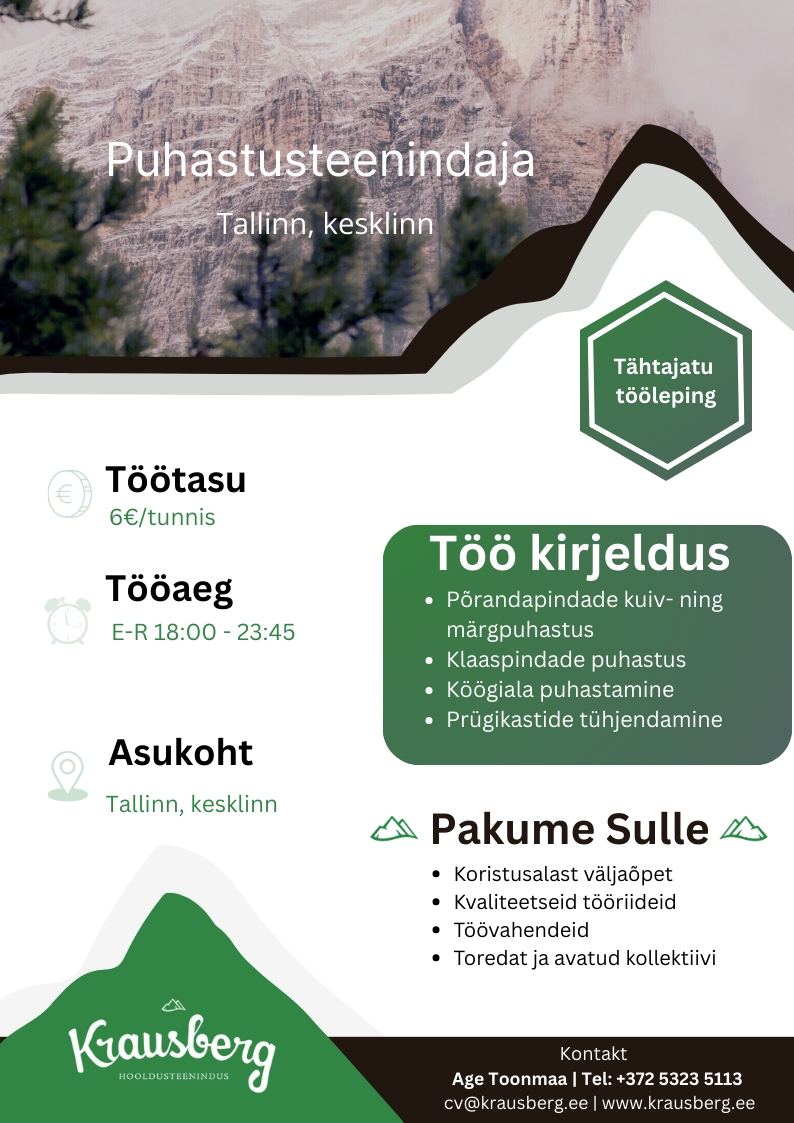 Krausberg Eesti OÜ Puhastusteenindaja, kesklinn (õhtul)