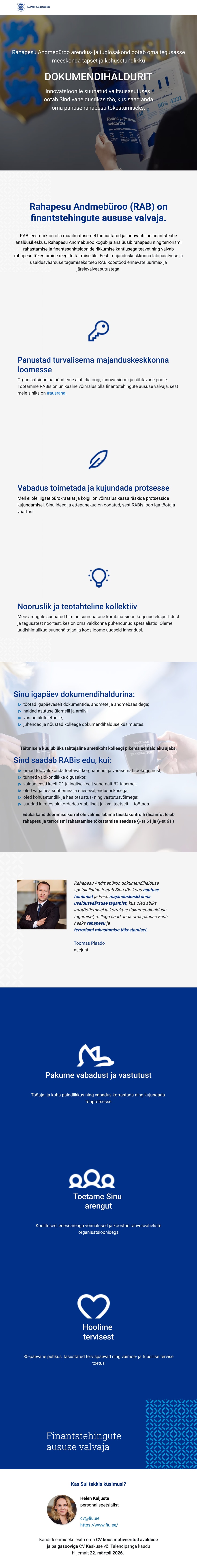 Rahapesu Andmebüroo Dokumendihalduse spetsialist