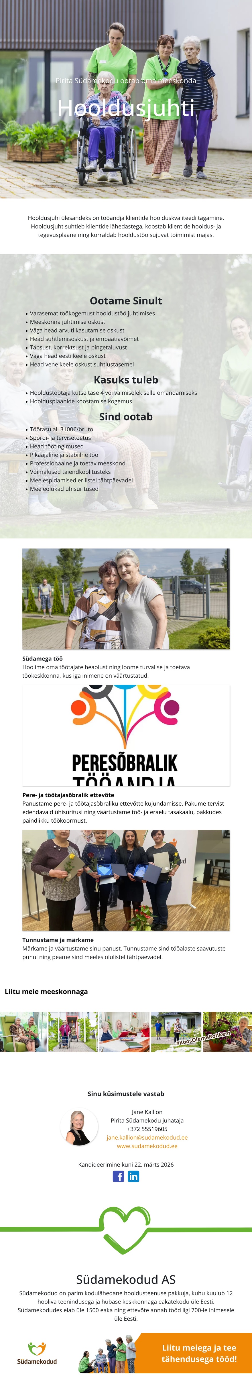 Pirita Südamekodu Hooldusjuht Pirita Südamekodusse