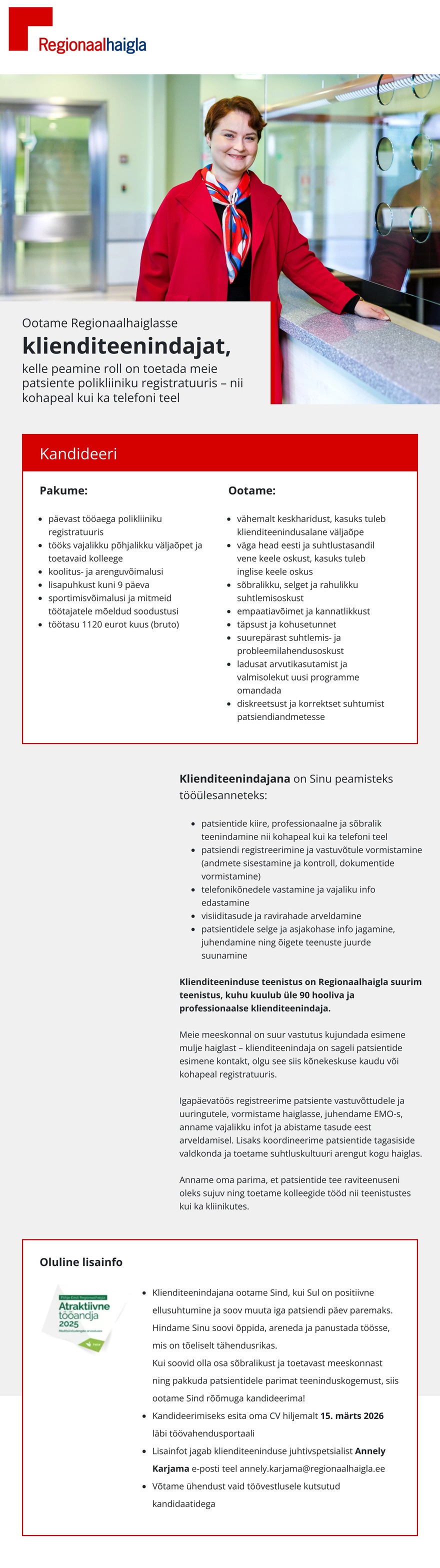 Põhja-Eesti Regionaalhaigla Klienditeenindaja polikliiniku registratuuri
