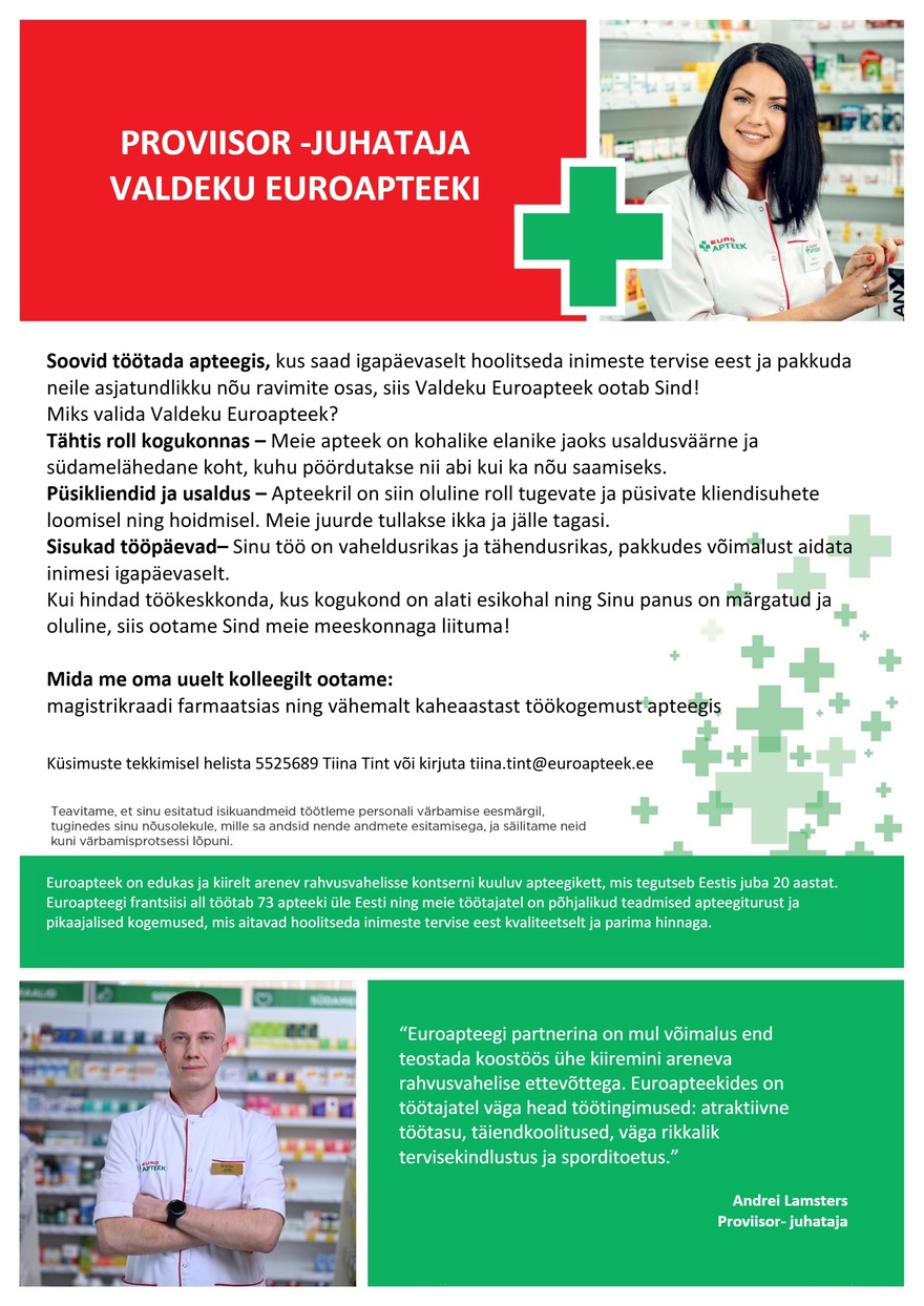 Euroapteek OÜ Proviisor-juhataja Valdeku Euroapteeki
