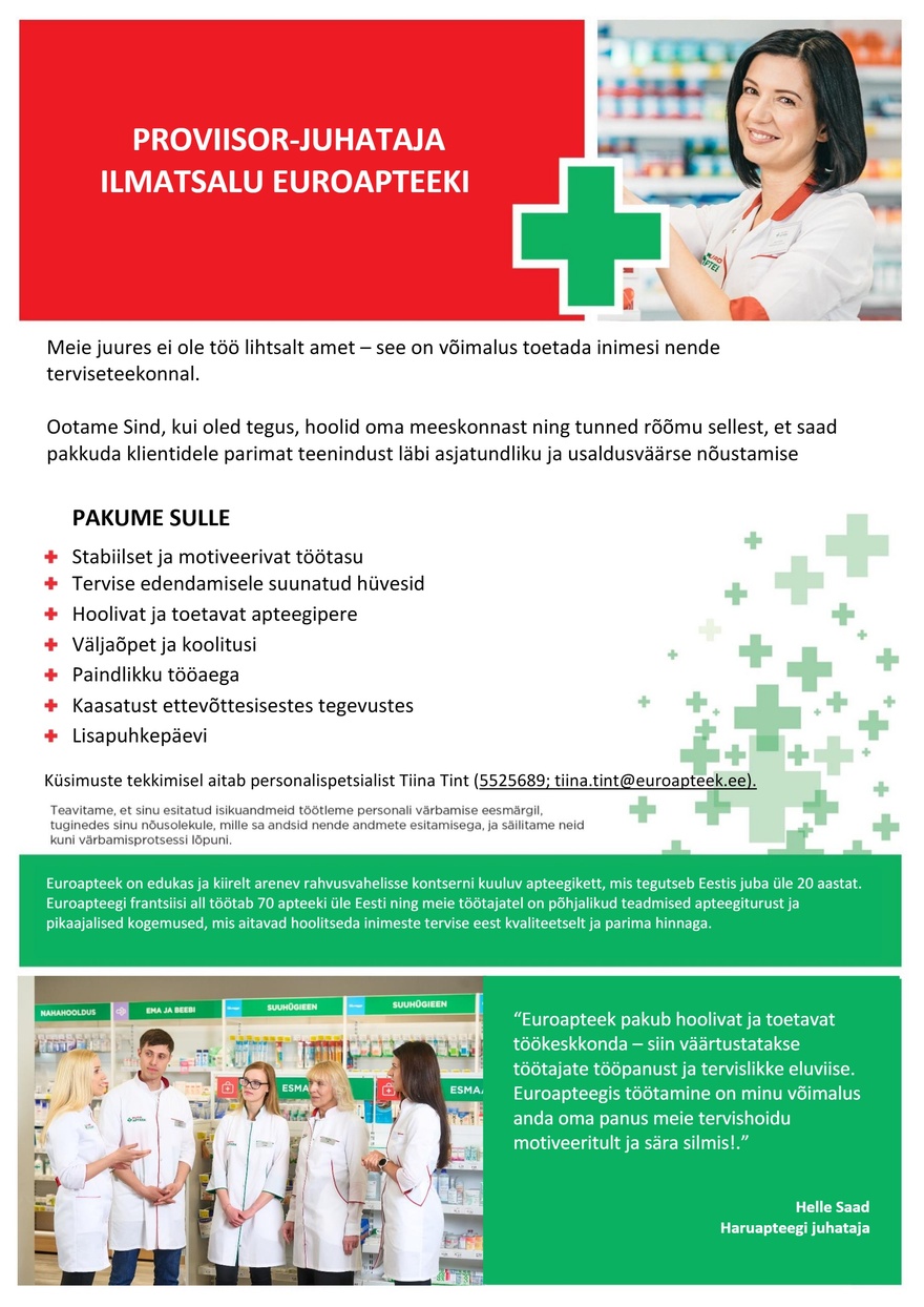 Euroapteek OÜ Ilmatsalu Euroapteegi proviisor-juhataja