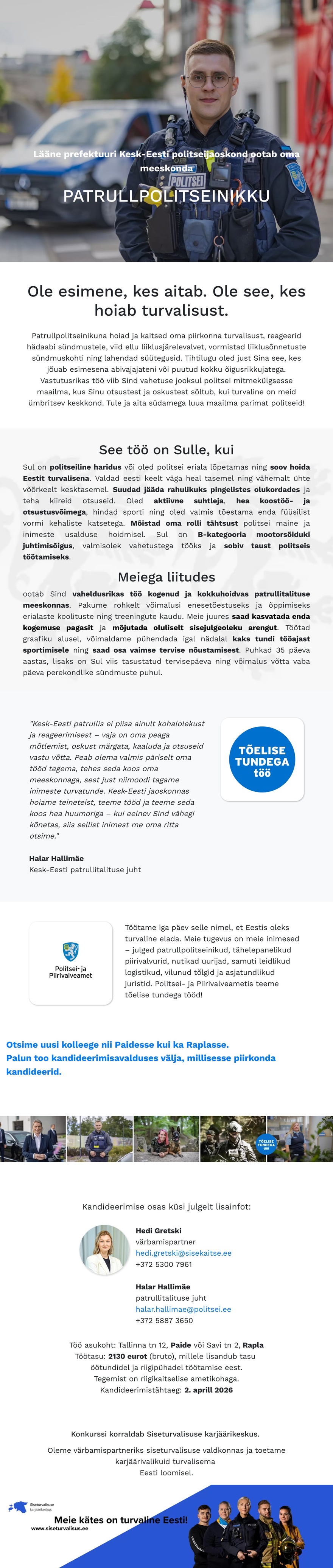 Siseturvalisuse karjäärikeskus Kesk-Eesti politseijaoskonna patrullpolitseinik
