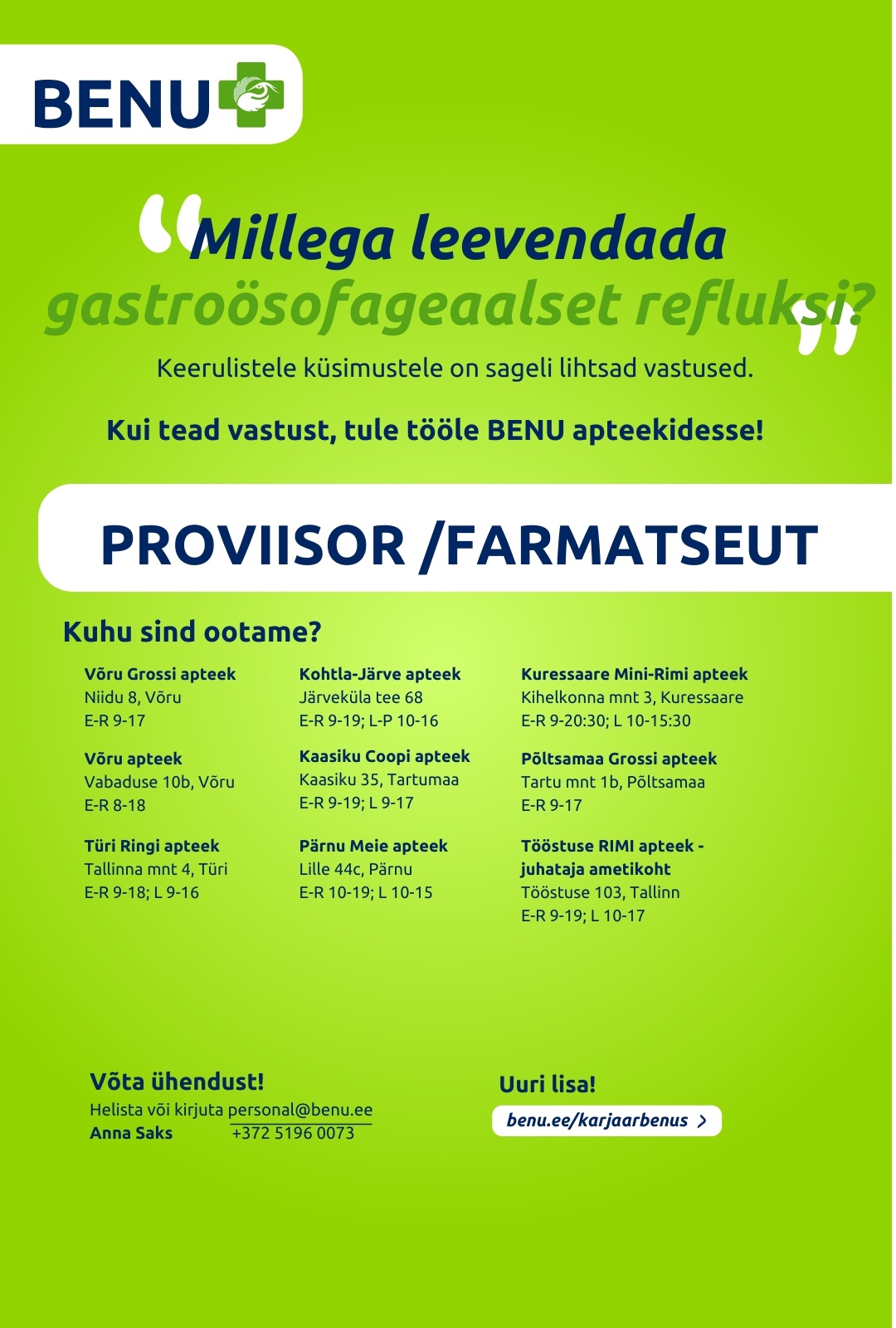 BENU Apteegid Proviisor/farmatseut BENU apteekidesse