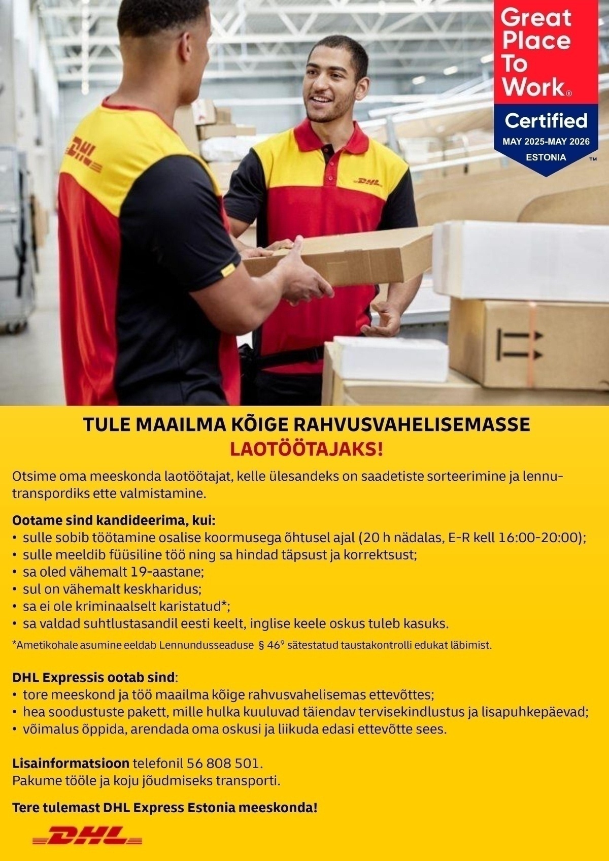 DHL Express Estonia AS Laotöötaja (osalise koormusega õhtusesse vahetusse)