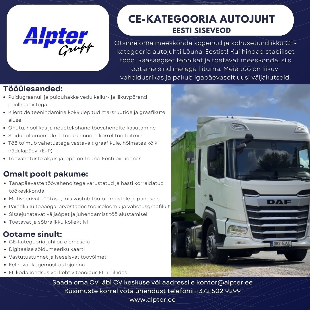 ALPTER GRUPP OÜ CE-kategooria autojuht (Eesti siseveod)