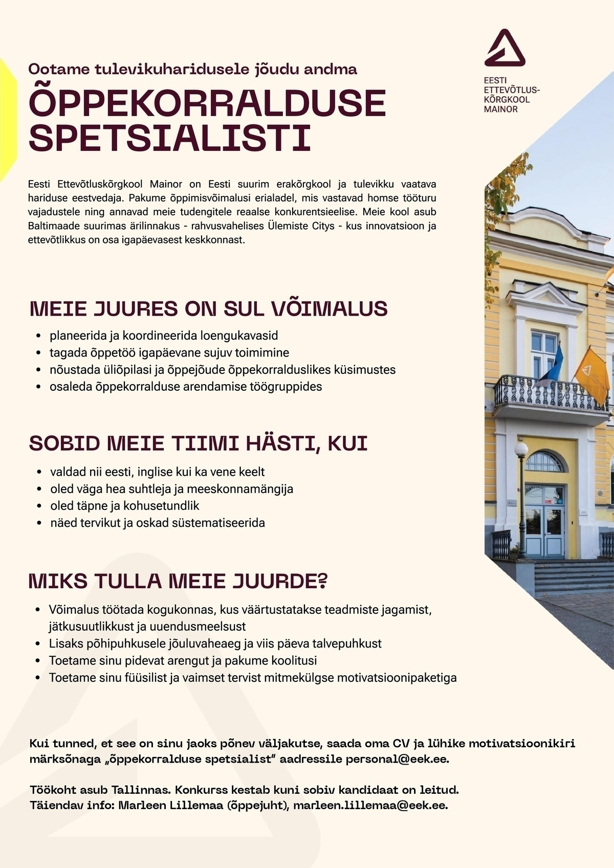 AS Eesti Ettevõtluskõrgkool Mainor Õppekorralduse spetsialist