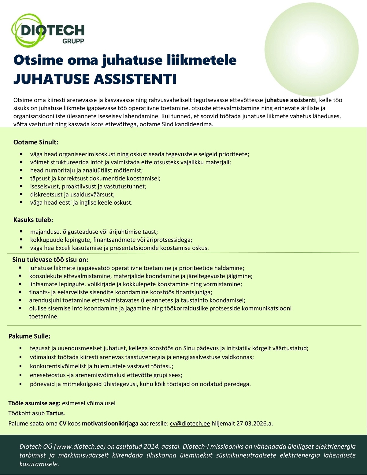 Diotech OÜ Juhatuse assistent
