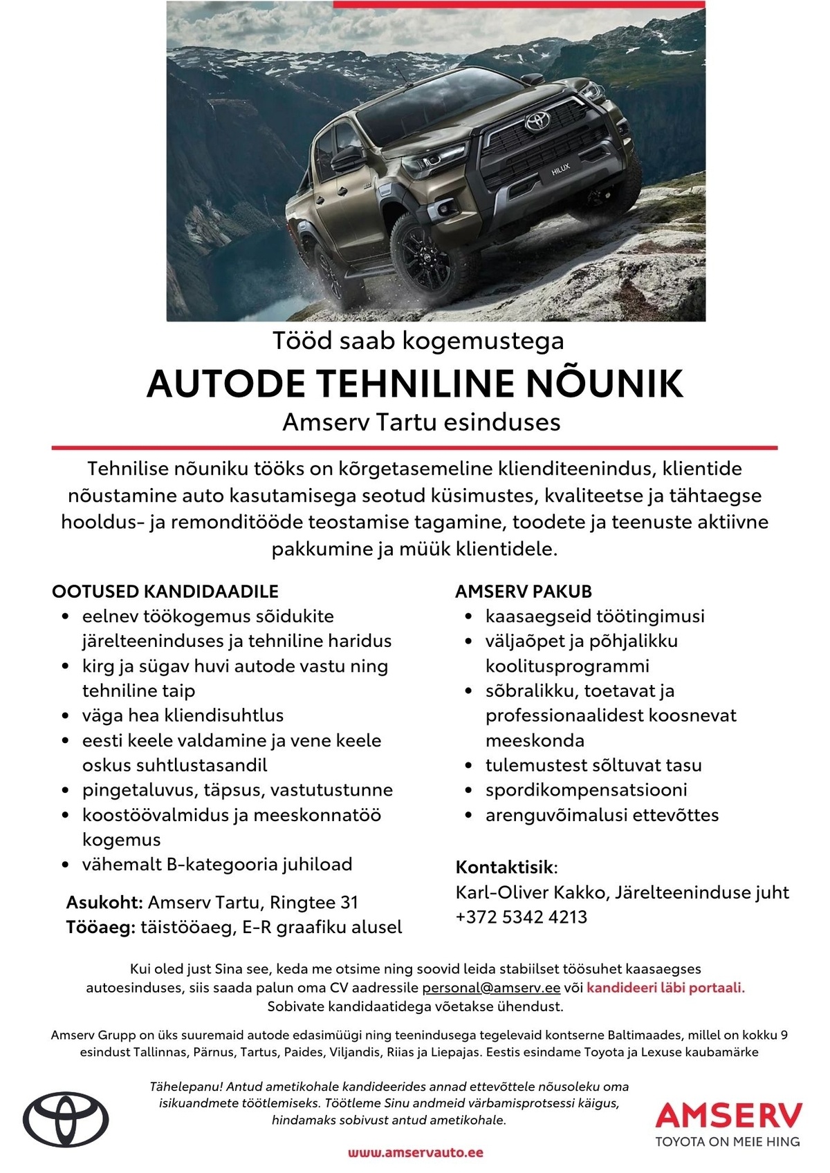 Amserv Grupi AS Autode tehniline nõunik Amserv Tartu esinduses