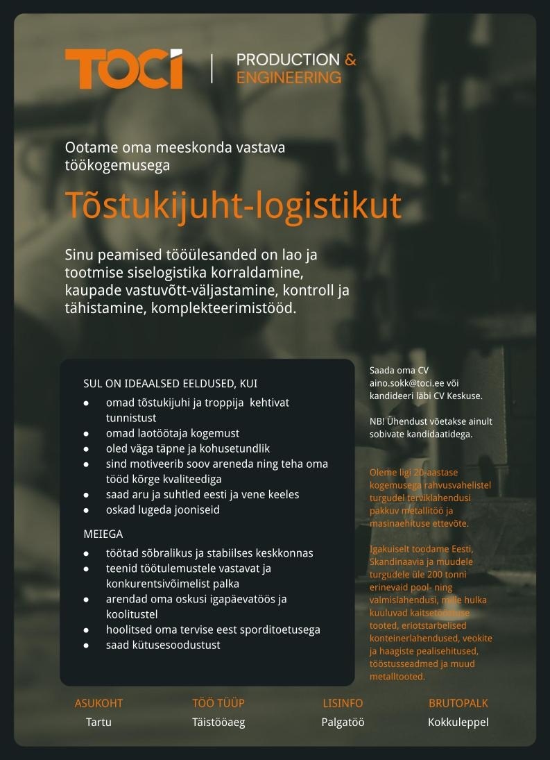 TOCI OÜ Tõstukijuht-logistik