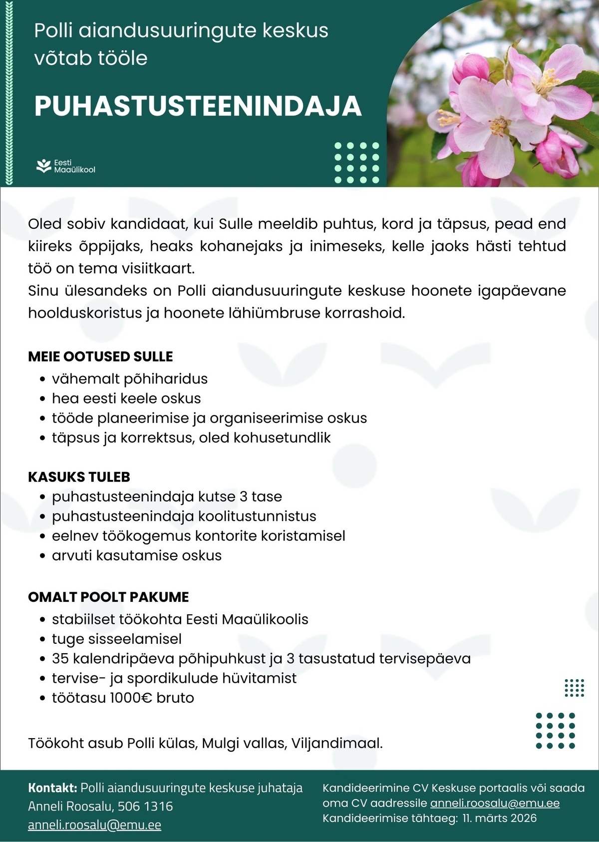 Eesti Maaülikool Puhastusteenindaja