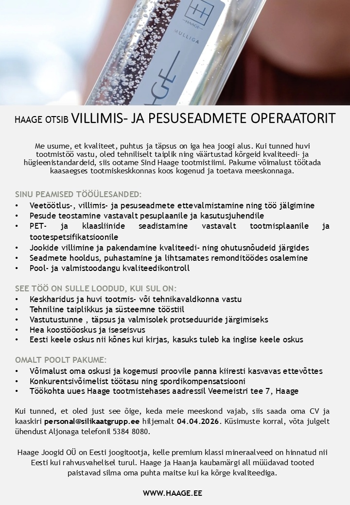 Haage Joogid OÜ Villimis- ja pesuseadmete operaator