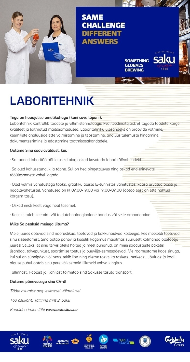 Saku Õlletehase AS Laboritehnik (hooajaline)