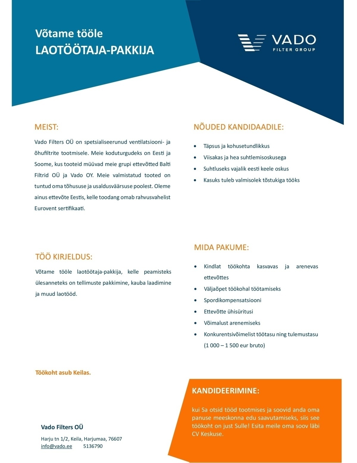 VADO FILTERS OÜ Laotöötaja