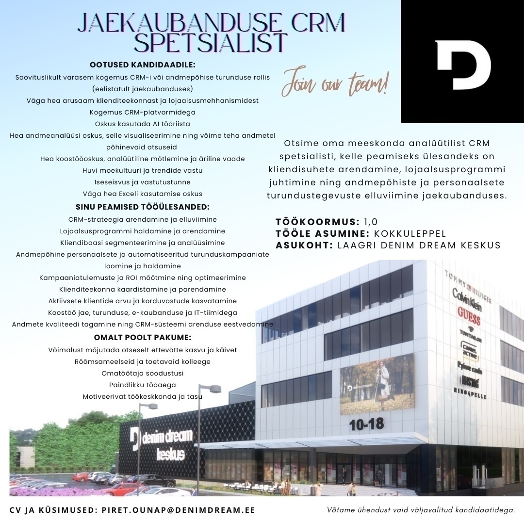 Põldma Kaubanduse AS JAEKAUBANDUSE CRM SPETSIALIST