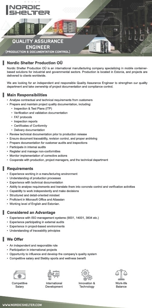 NORDIC SHELTER PRODUCTION OÜ Quality Engineer / Kvaliteediinsener