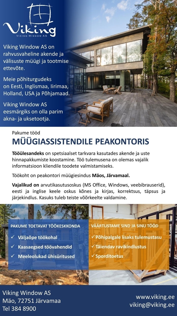 Viking Window AS Müügiassistent peakontoris