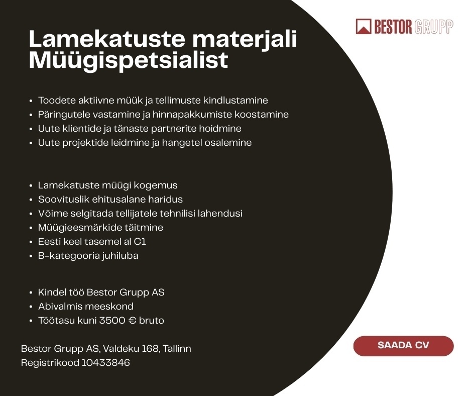 AS Bestor Grupp Lamekatuste materjali Müügispetsialist
