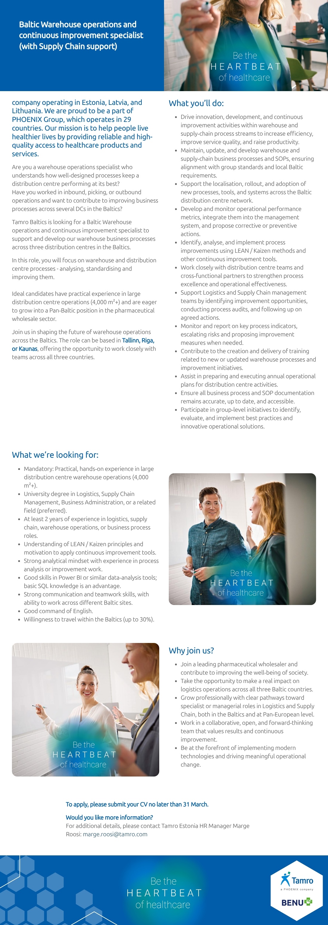 TAMRO EESTI OÜ Baltic Warehouse operations and continuous improvement specialist (with Supply Chain support)