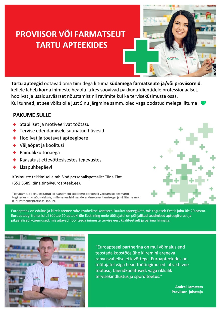 Euroapteek OÜ Proviisor või farmatseut Tartu Euroapteeki