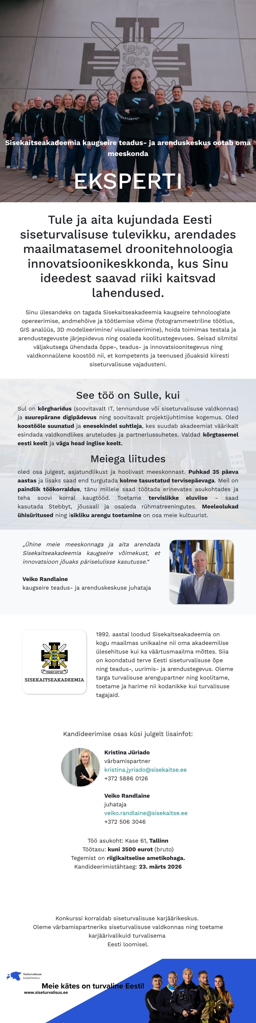 Siseturvalisuse karjäärikeskus Kaugseire teadus- ja arenduskeskuse ekspert