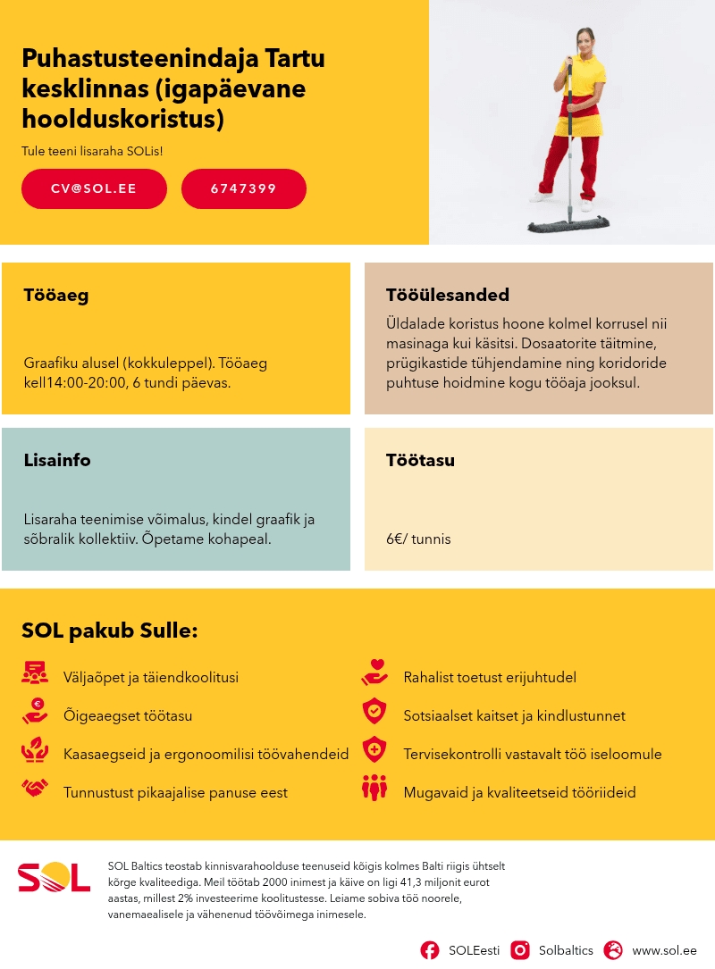 SOL Baltics OÜ Puhastusteenindaja Tartu kesklinnas (igapäevane hoolduskoristus)