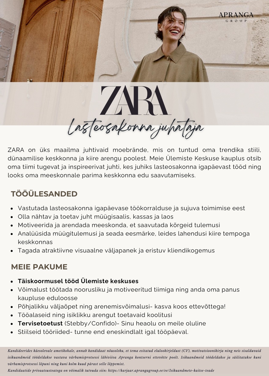 Apranga OÜ ZARA Ülemiste lasteosakonna juhataja
