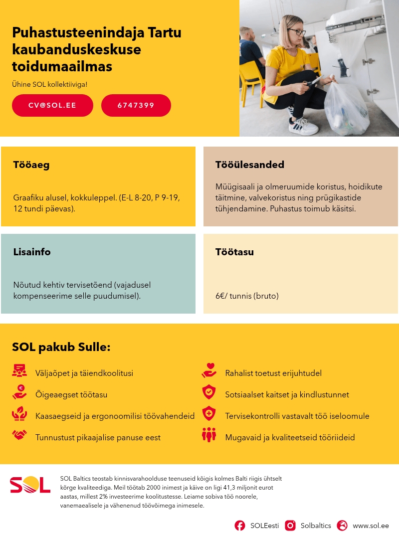 SOL Baltics OÜ Puhastusteenindaja Tartu kaubanduskeskuse toidumaailmas