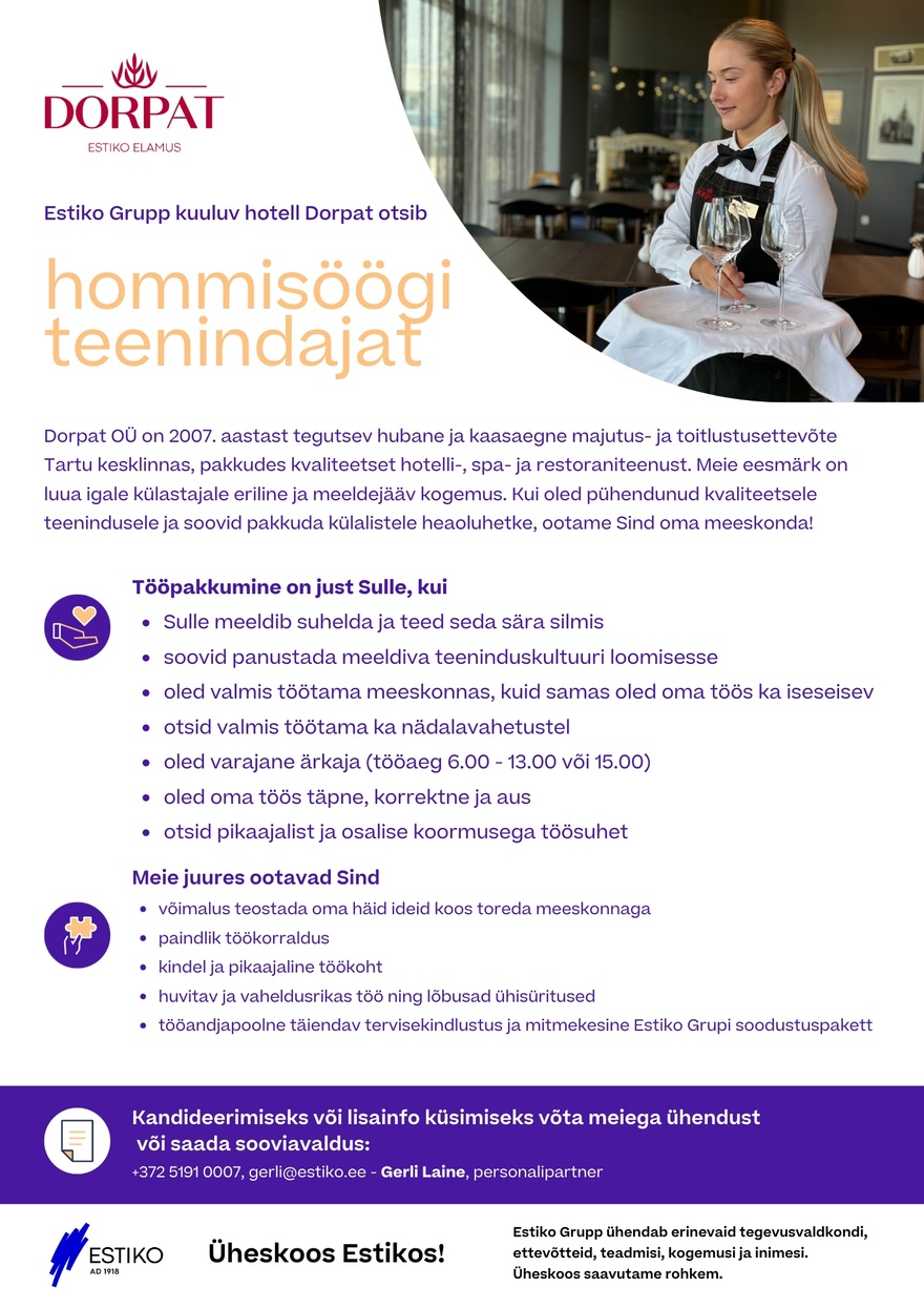 Dorpat OÜ Restoran Dorapt hommikusöögi teenindaja