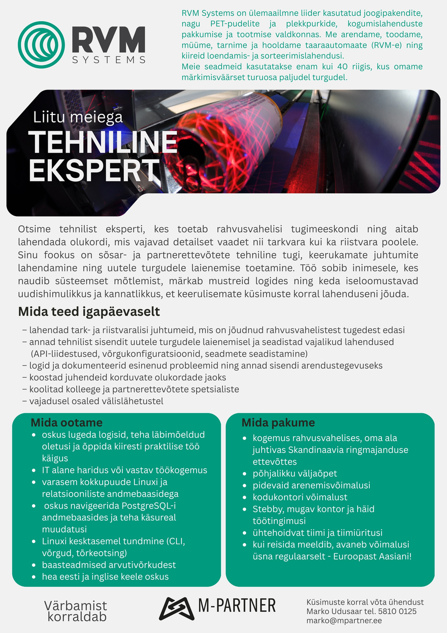 M-Partner HR RVM Systems tehniline ekspert