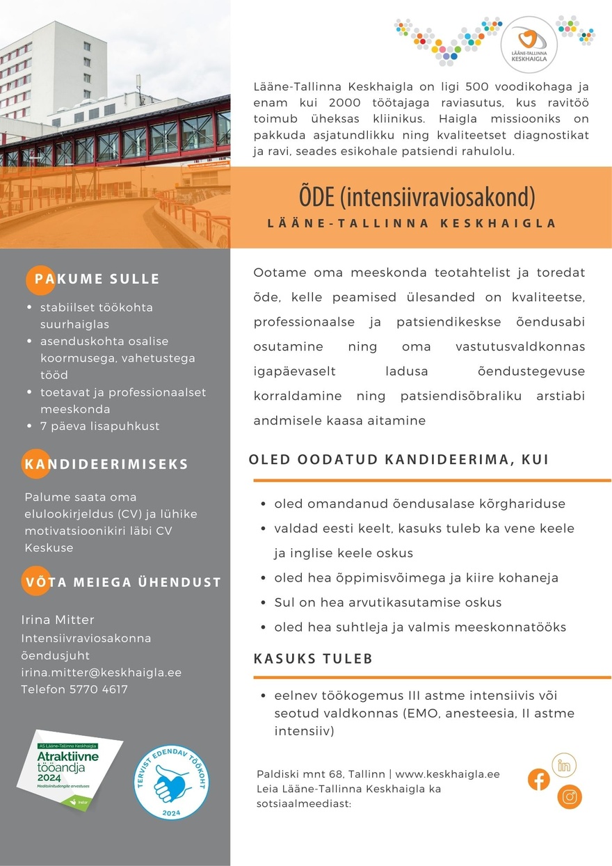 Lääne-Tallinna Keskhaigla Õde (intensiivraviosakonda)