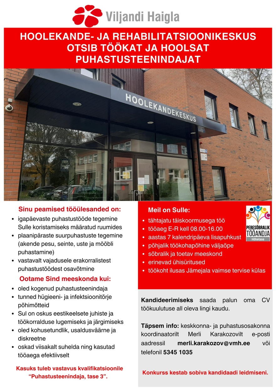 SA Viljandi Haigla Hoolekande- ja rehabilitatsioonikeskuse puhastusteenindaja