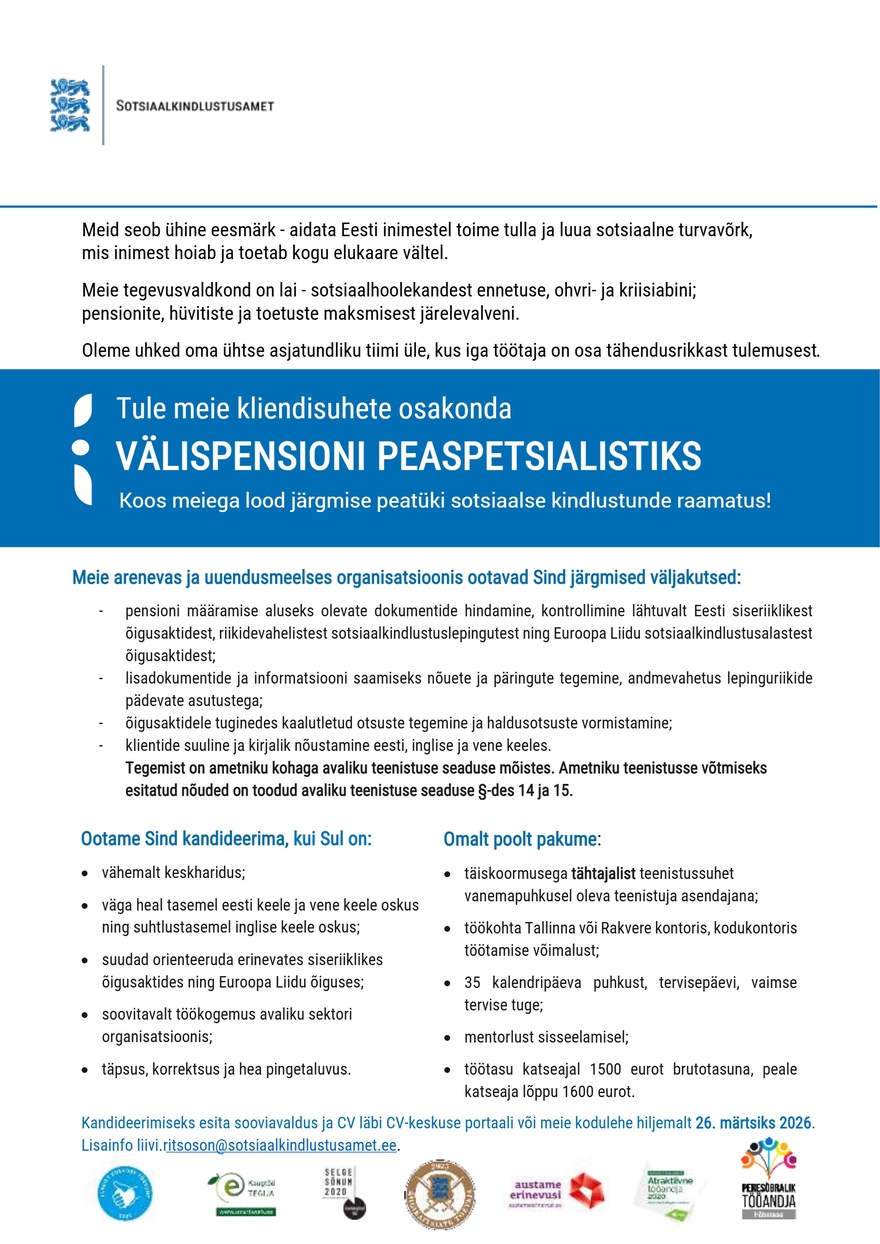 Sotsiaalkindlustusamet Peaspetsialist (pension)