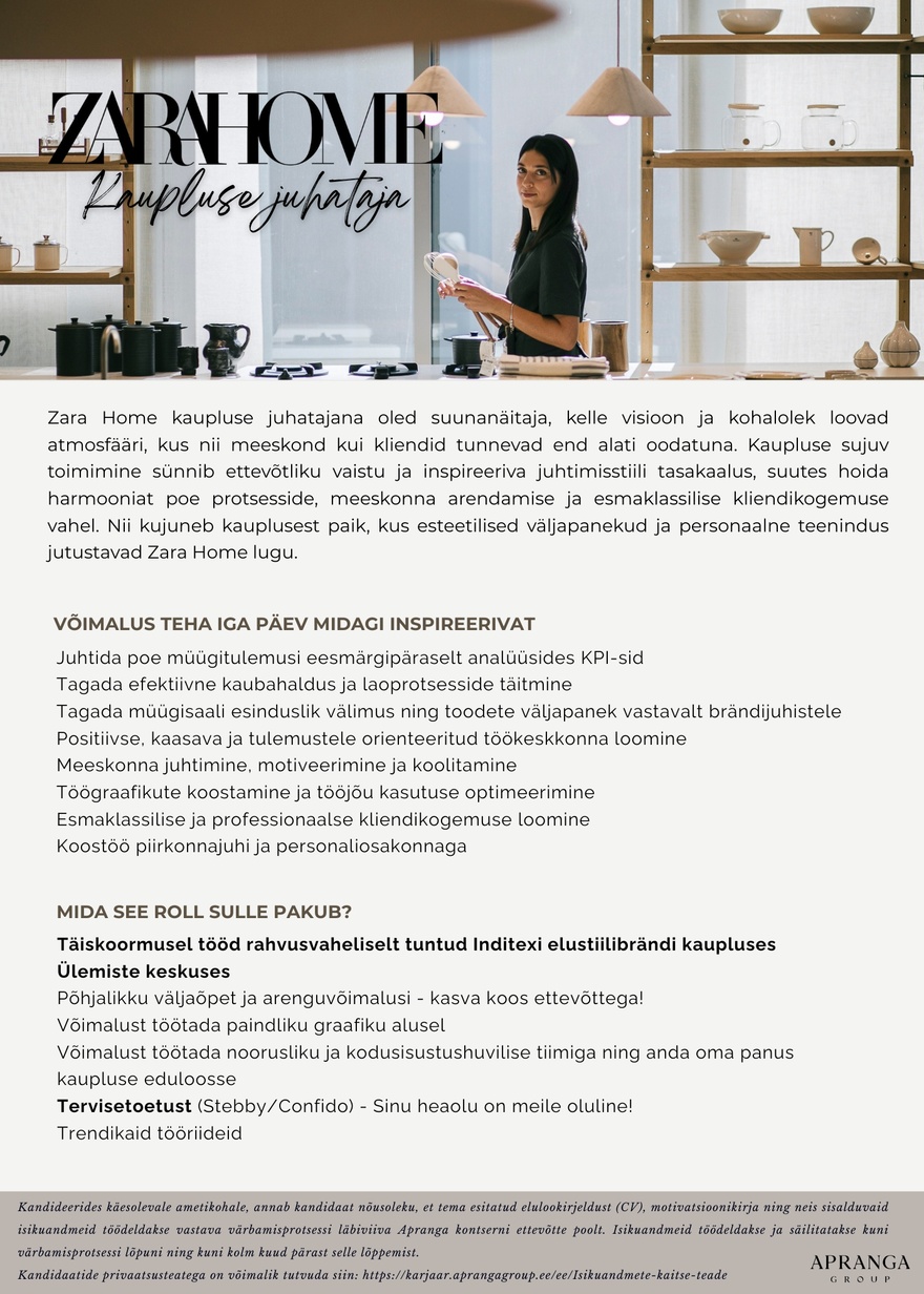 Apranga OÜ Zara Home kaupluse juhataja