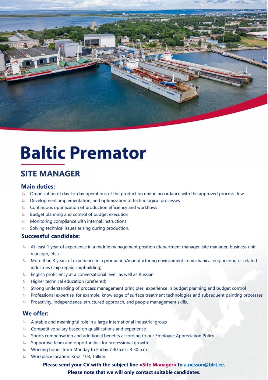 Baltic Premator OÜ SITE MANAGER