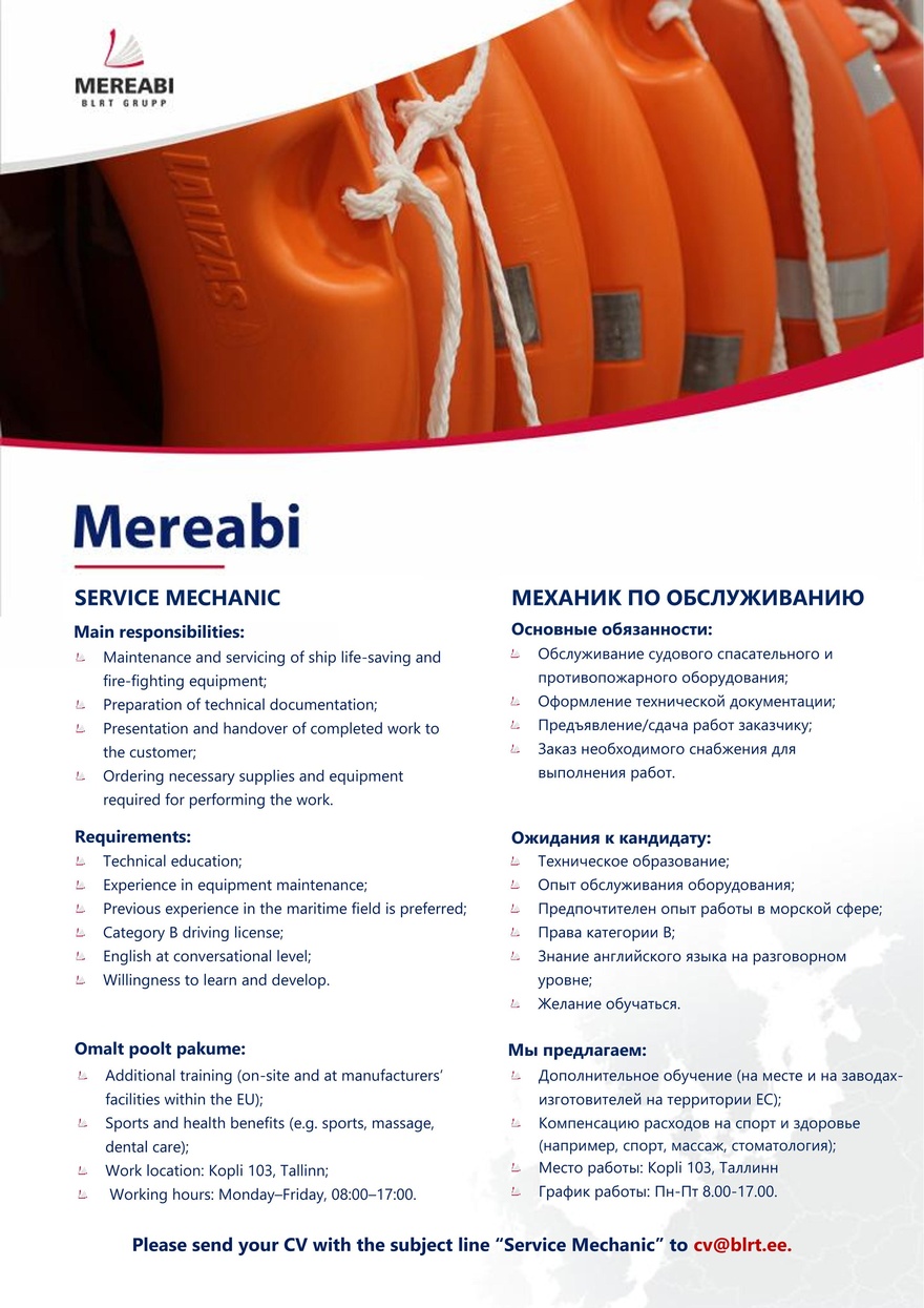 Mereabi OÜ Service mechanic / Механик по обслуживанию