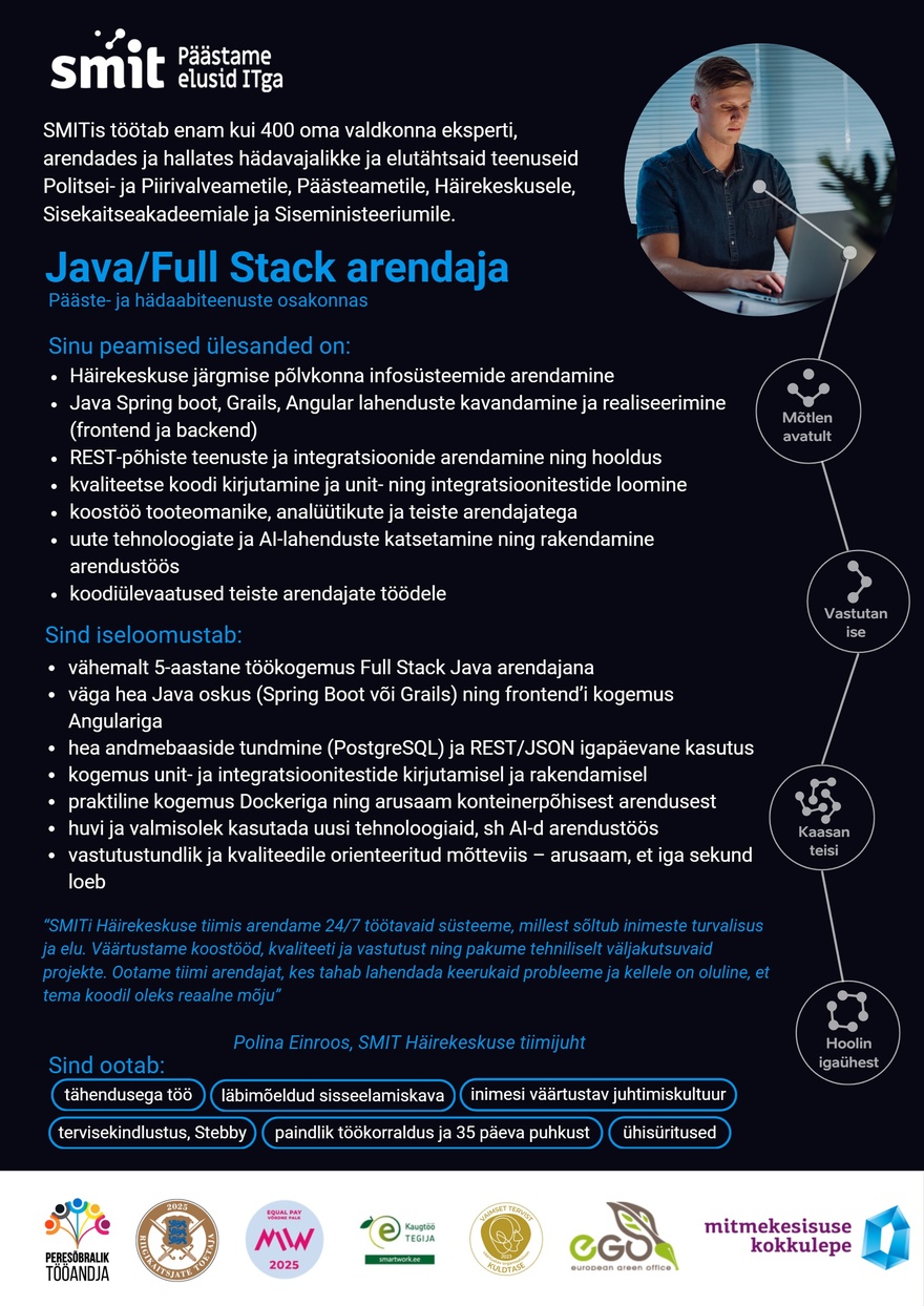 Siseministeeriumi infotehnoloogia- ja arenduskeskus Java/Full Stack arendaja