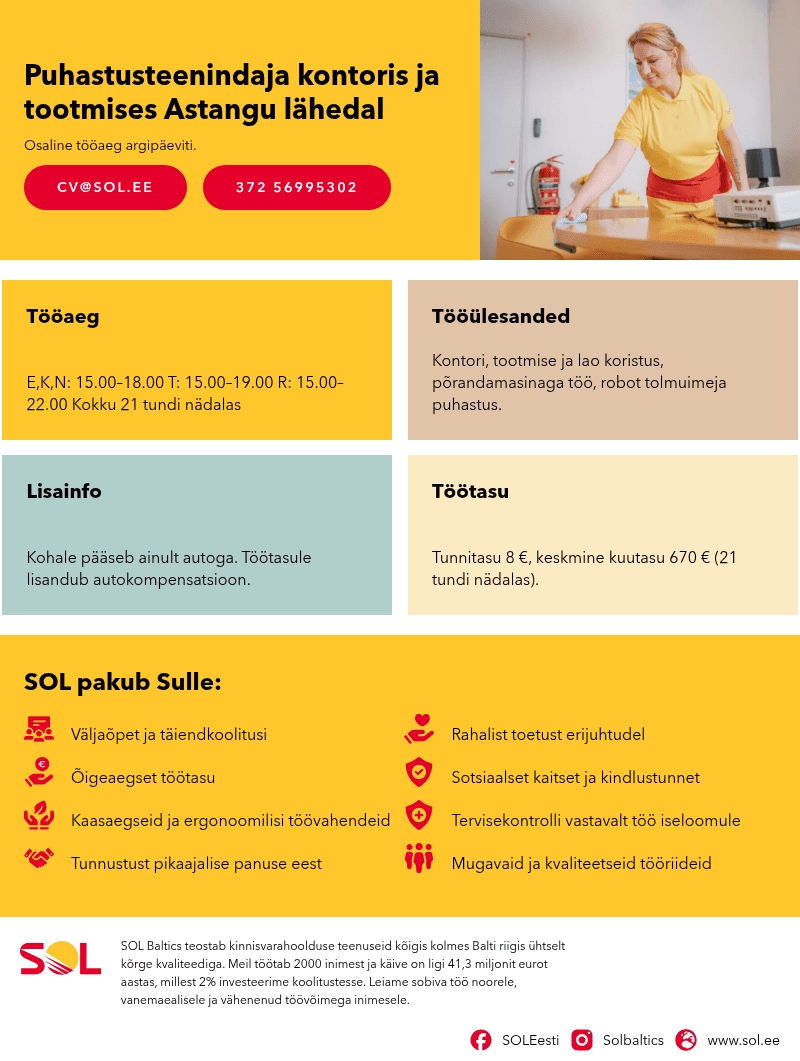 SOL Baltics OÜ Puhastusteenindaja kontoris ja tootmises Astangu lähedal