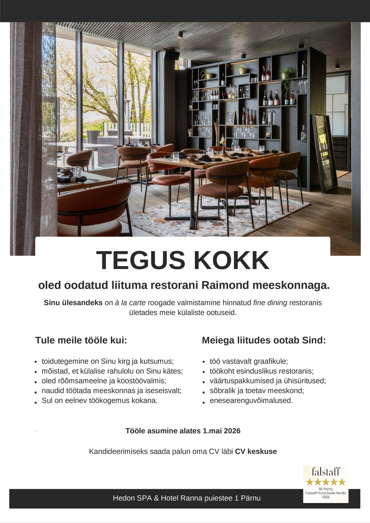 Supeluse Hotell OÜ Hedon SPA & HOTEL Raimondi kokk