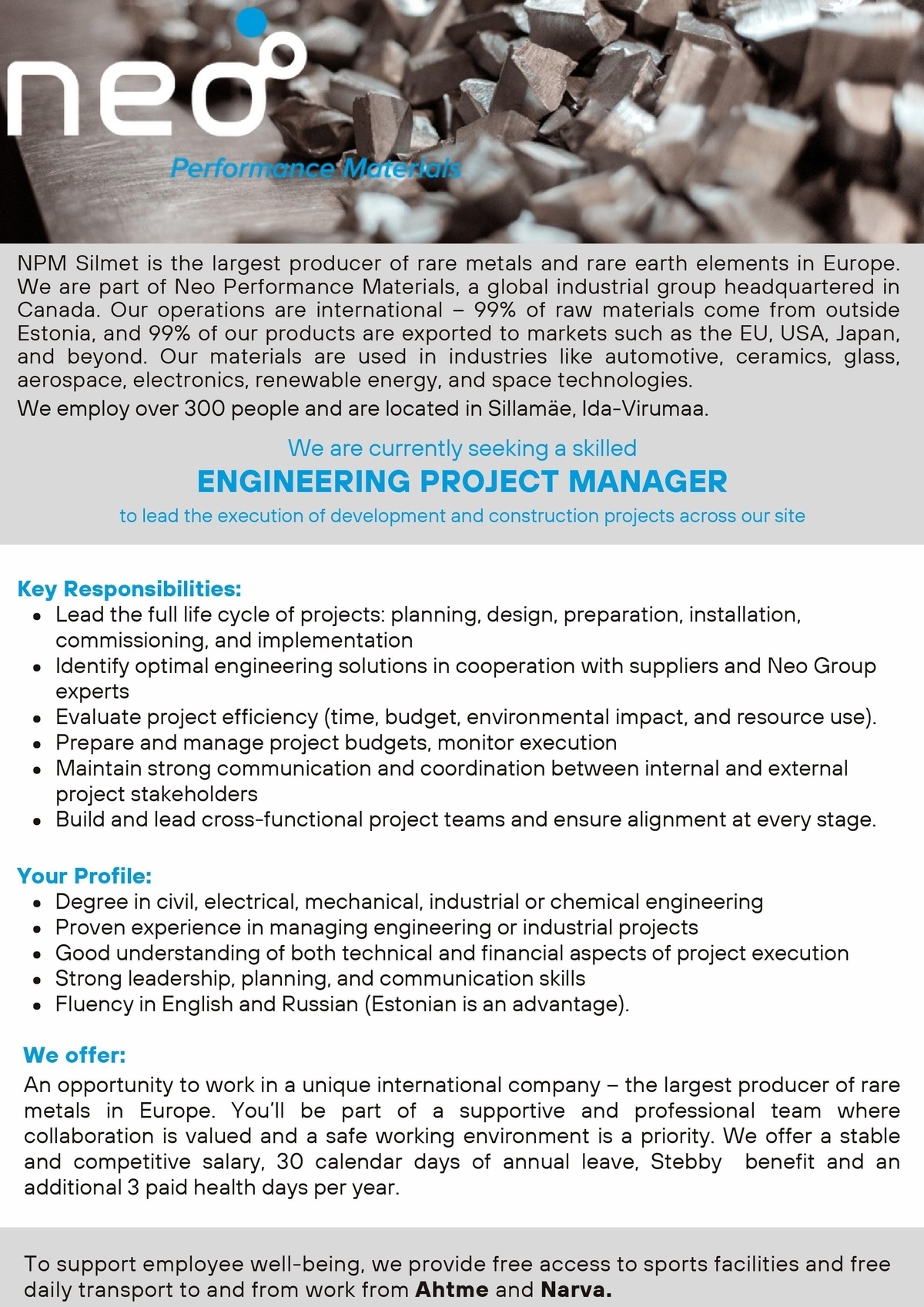 NPM Silmet OÜ ENGINEERING PROJECT MANAGER