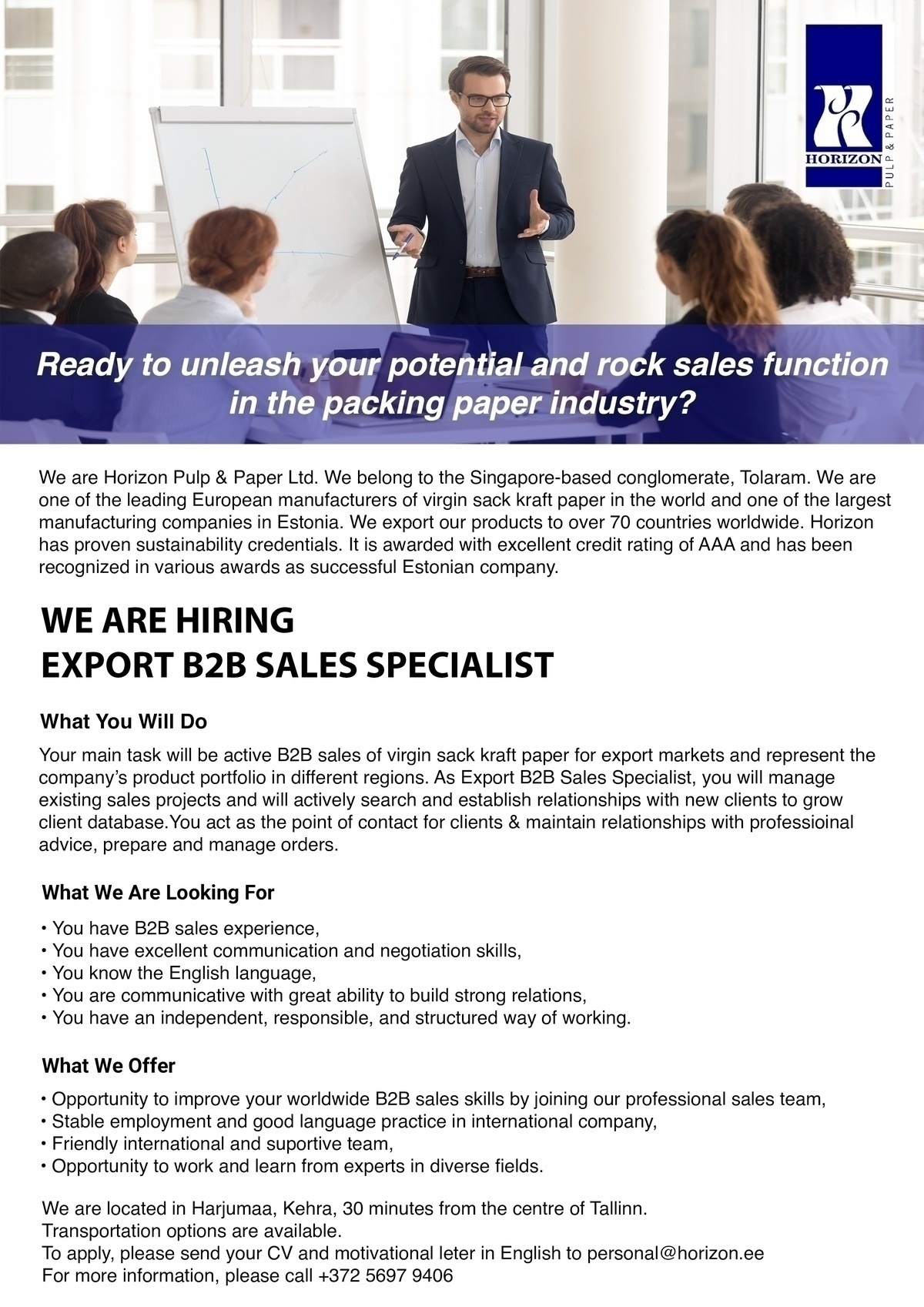 Horizon Tselluloosi ja Paberi AS Export Sales Specialist