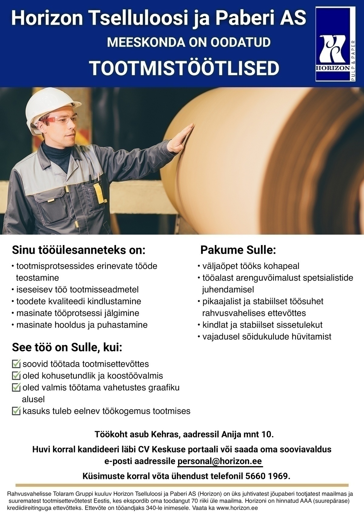 Horizon Tselluloosi ja Paberi AS TOOTMISTÖÖLINE